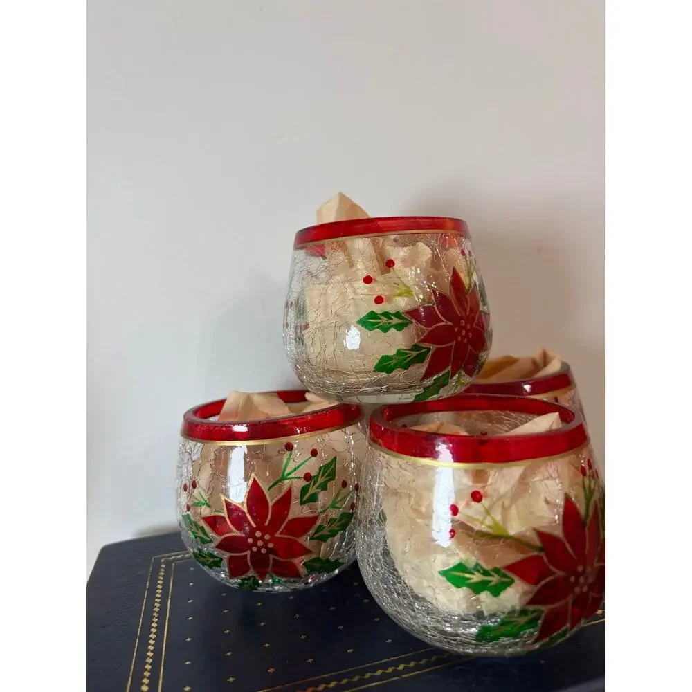 Vintage Crackle Glass Votive Candle Holders Hand Painted Red Poinsettias Set 4